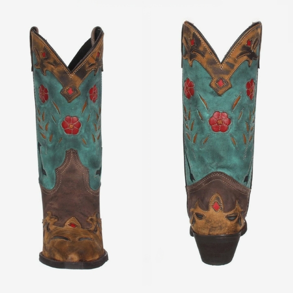 Laredo Miss Kate Brown & Teal Leather Floral Western Cowboy Boots Size 8 - Picture 16 of 16